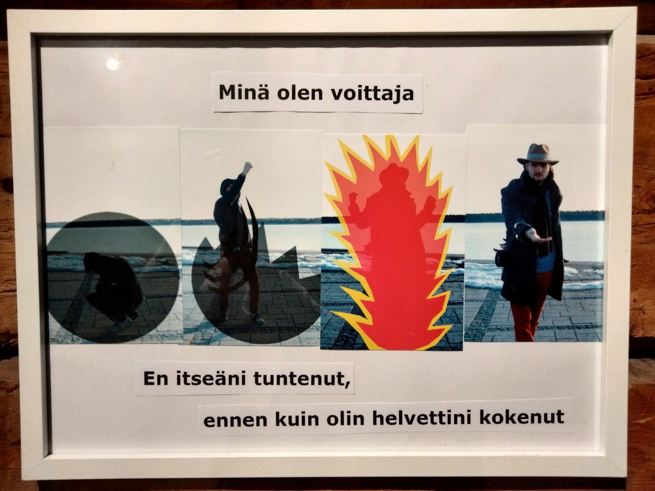 Valokuvasarja henkilön kasvusta ja/tai kokemasta muutoksesta itsessään. Tekstinä "Minä olen voittaja. En itseäni tuntenut, ennen kuin olin helvettini kokenut."