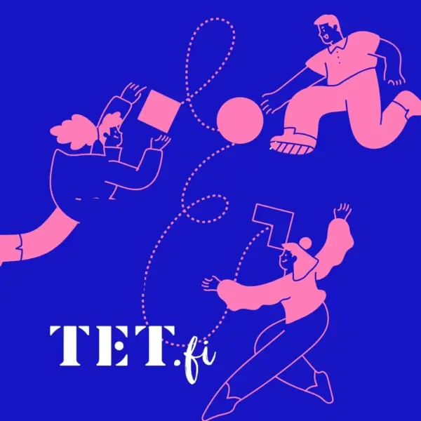 Kolme pinkkiä piirroshahmoa sinisellä taustalla. Heitä yhdistää kiemurainen pisteviiva. TET.fi-logo.